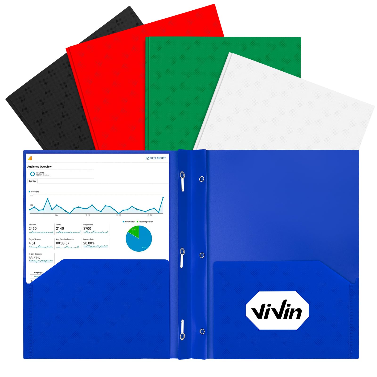 ViVin 5-Pack Sturdy Plastic Folders, Two Pocket Folders with Prongs, Plastic Folders with Pockets and Fasteners, for School, Home and Office-Assorted