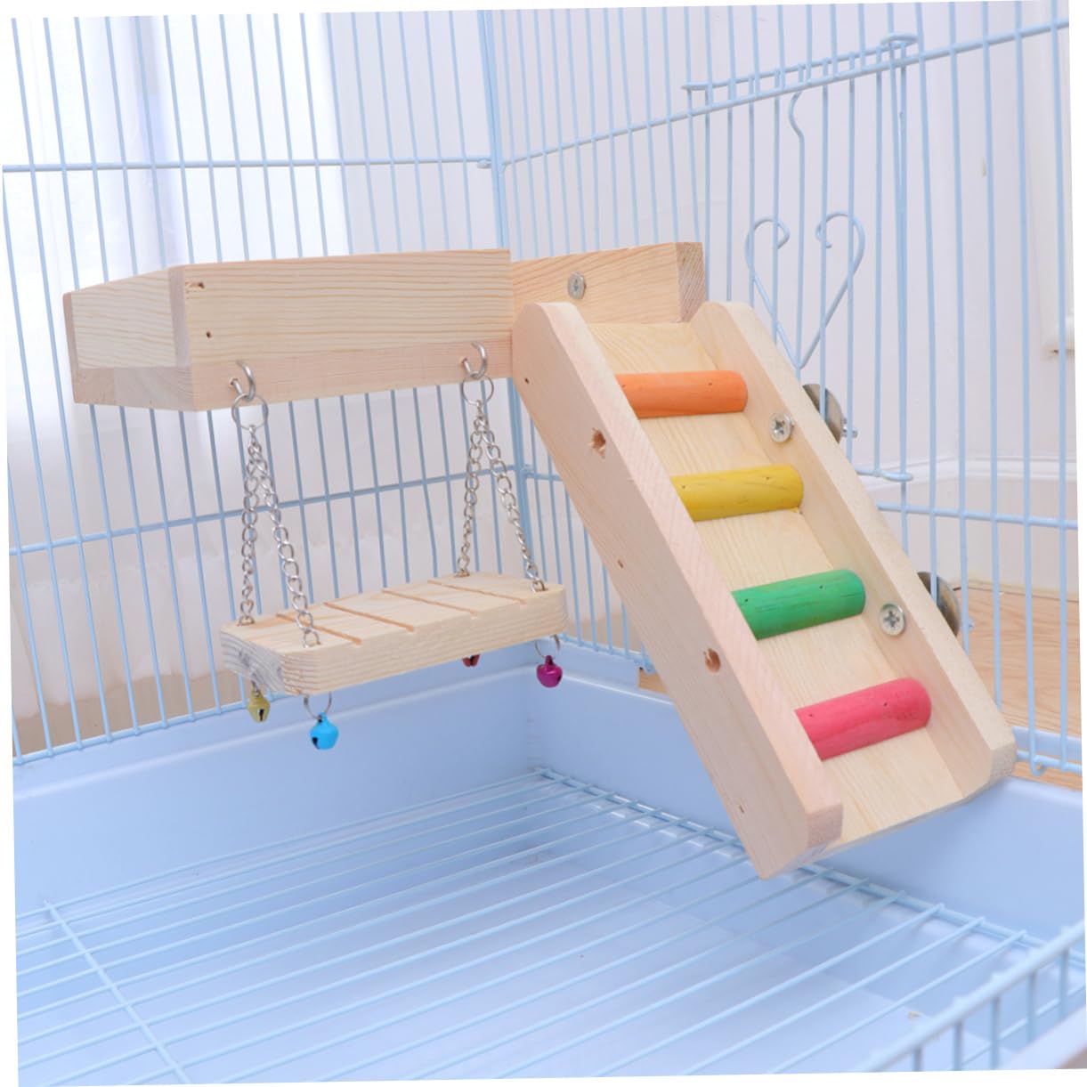 HANABASS Set de 3 Jouets pour Oiseaux en Bois Balançoire, Échelle et Jouet à Mâcher pour Perroquets et Petits Oiseaux, pour Explorer et Développer L'équilibre