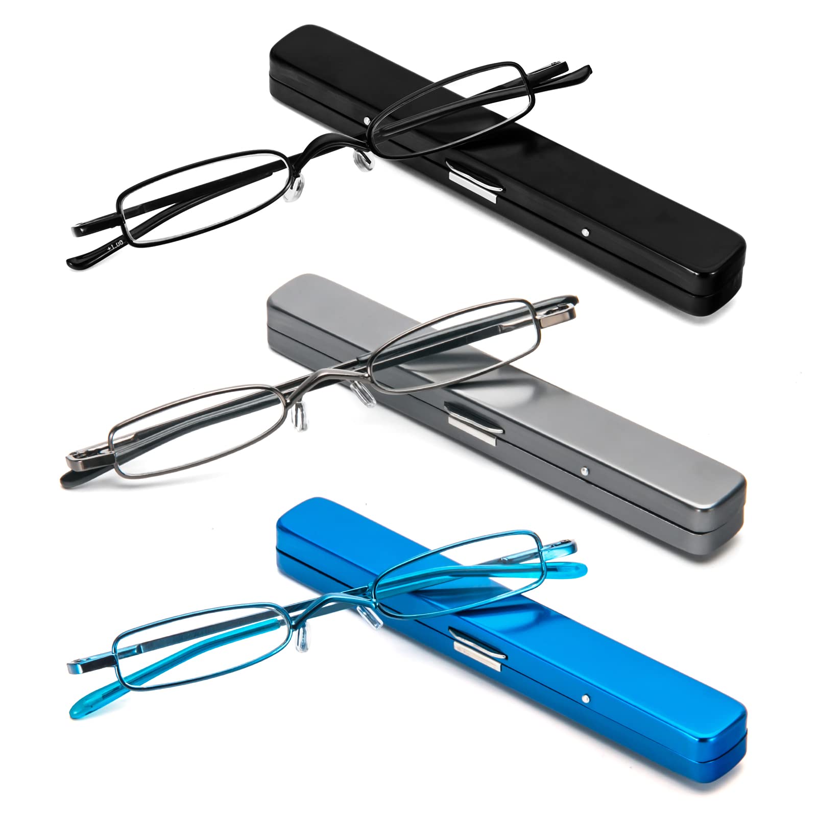 MMOWW 3er-Pack Mini Metall Lesebrillen Damen Herren Federscharnier Klassische Klein Schmal Leicht Lesehilfe Sehhilfe Brillen mit Etui (Schwarz+Blau+Grau,+1.0)