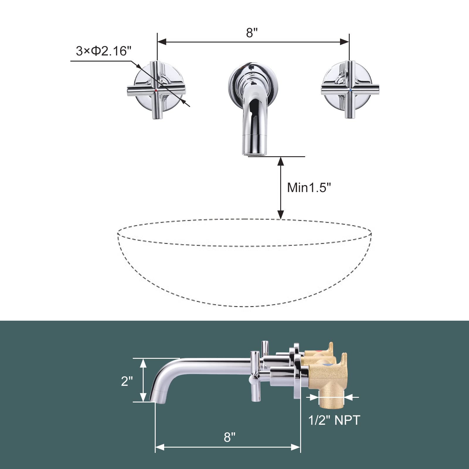 ARCORA - Grifo de baño cromado para fregadero de baño, 2 asas, con válvula incluida