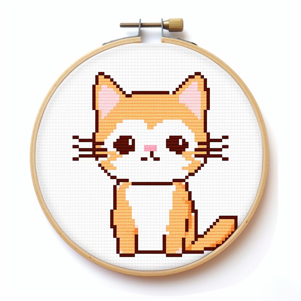 Generic Cartoon Simple Cute Cat Stamped Cross Stitch Kit for Beginners Easy with Hoop 11CT Needlepoint Embroidery DIY Counted Cross Stitch Kit Art Craft Wall Decor 12x12inch (8)