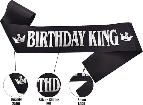 Miniatura 6 de Banda de cumpleaños King para hombres, suministros de decoración de fiesta de cumpleaños para niños (negro y dorado) - Banda de cumpleaños King,