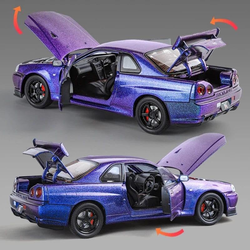 Image of PLUSPOINT Diecast Metal Skyline GTR-R34 P.Walker Edition Sports 1:24 Scale Dualtone Simulation Model Alloy Pull Back Toy car for Kids with Openable Doors & Light, Music Toy Vehicle for Kids, Adults