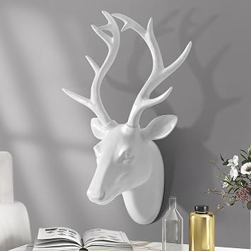 CMYCYDDPLY Faux Deer Head Wall Decor, Resin Deer Skull Mount, Handmade Farmhouse Decor, 3d Vintage Wall Decor for Restaurant Home Bar OfficeWhite