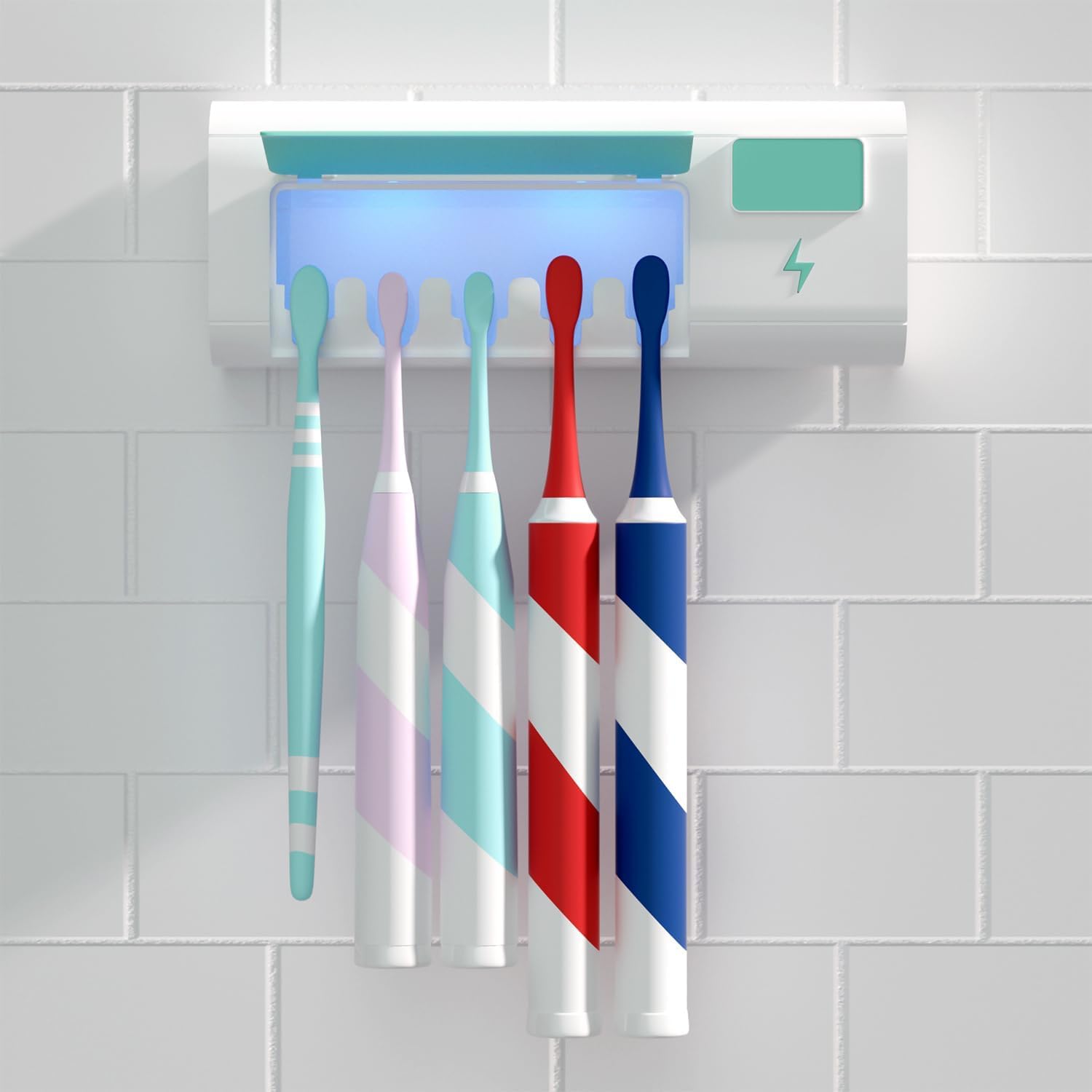 Toothbrush Holders Green Toothbrush Holder Wall Mounted Electric Toothbrush Holders for Bathrooms 5 Toothbrush Holder Slots with Light, Timerable, Rechargeable Toothbrush Cleaner Case