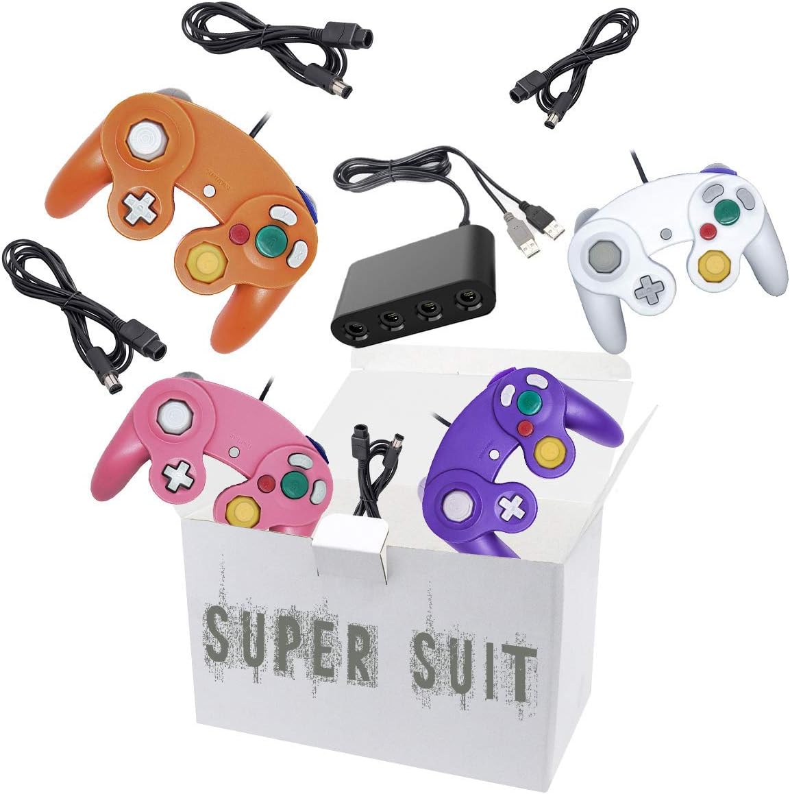 4 Controllers for Gamecube，with 4 Extension Cables and 4-Port USB Adapter for Switch PC Wii U Console (Package 4)