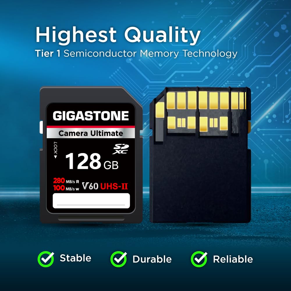 GIGASTONE UHS-II V60 128 GB Zestaw 2 kart SD, Camera Ultimate, prędkość do 280/100 MB/s, U3 SDXC 4K Ultra HD UHD Video do DSLR Canon, Nikon, Sony, Pentax, Kodak, Panasonic, z 2 mini etui
