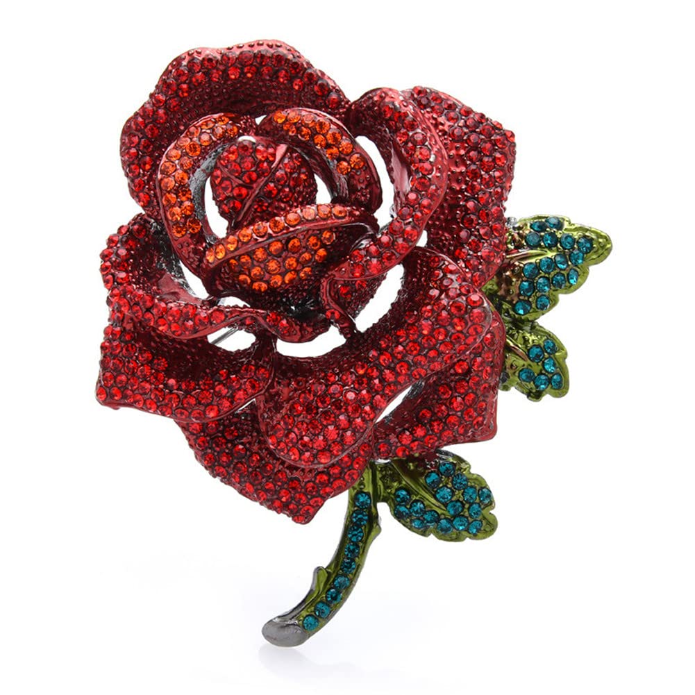 Rose Flower Brooch for Women Girls Red Rhinestone Crystal Rose Lapel Pin Elegant Dress Accessories Jewelry Wedding Birthday Valentine's Day Gift