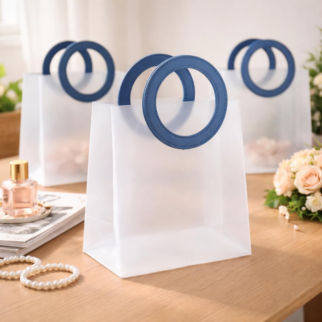SATYAM KRAFT 6 Pcs Translucent Reusable Goodie Bag Round Blue leather | Gift Bag for Her / Him, Handle hamper bag, Carry Bags, shopping gift bag, Presents, Packing, Wedding Return Gifts, Birthday, Events, Festivals (Medium, 22 cm x 21 cm)-image-12