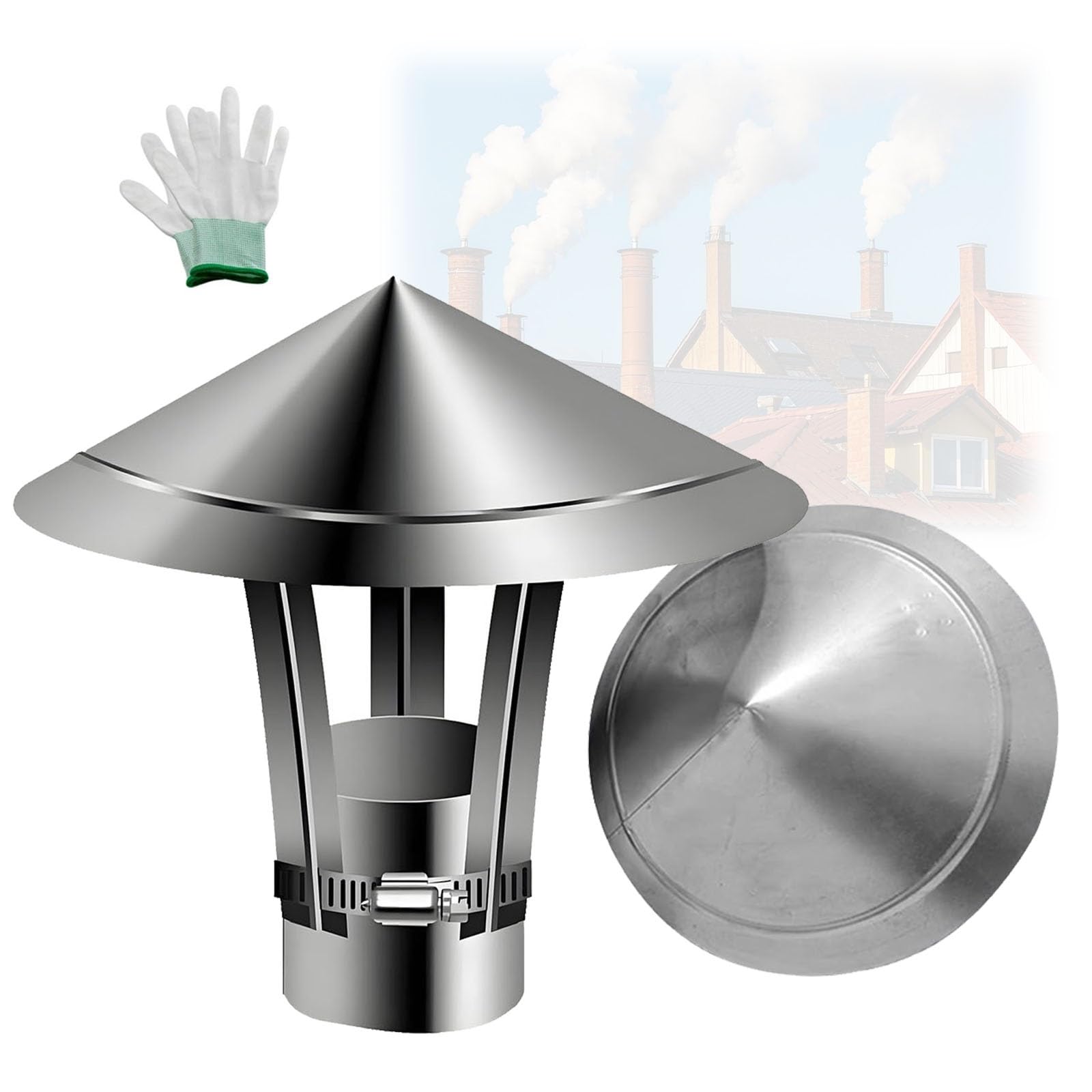 PFXNGMS All Weather Rain Cover, 304 Stainless Steel Outside Cone Top Chimney Cap, Stove Pipe Topper Vent Cap with Gloves, Kitchen Exhaust Chimney Flue Cowl(220 mm(8.66 in))