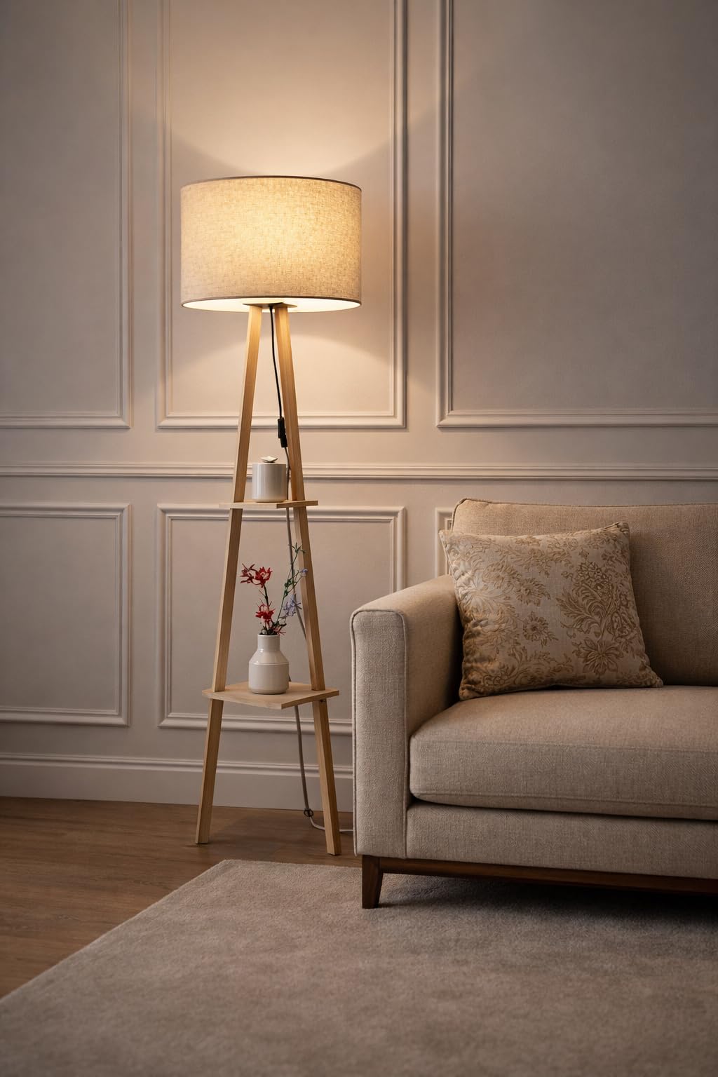 Tripod Floor Lamp with Shelves, Wooden Stand, Linen Shade, Living Room Decor