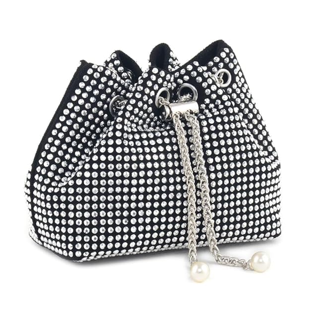 GenericRhinestone Bucket Bag Mini Evening Handbags Crystal Clutch For Women Drawstring Crossbody Sling Bags with Chain Stylish Potli Bags Ladies Glitter Purse Wallet for Party