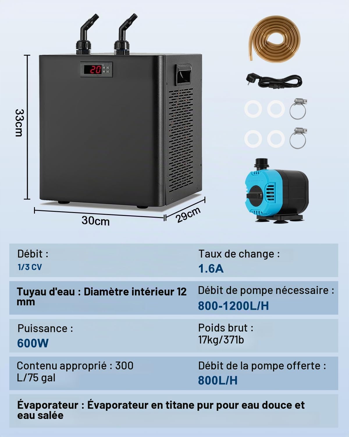BAOSHISHAN Refroidisseur d'aquarium 300 L, 600 W | Système de refroidissement de bac à poissons pour axolotls/coraux/hydroponie intérieure, eau douce et eau de mer
