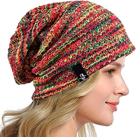 HISSHE Women Slouch Beanie Knit Beret Skullcap Long Baggy Winter Summer Hats B08w (Red/Yellow/Green) Cover