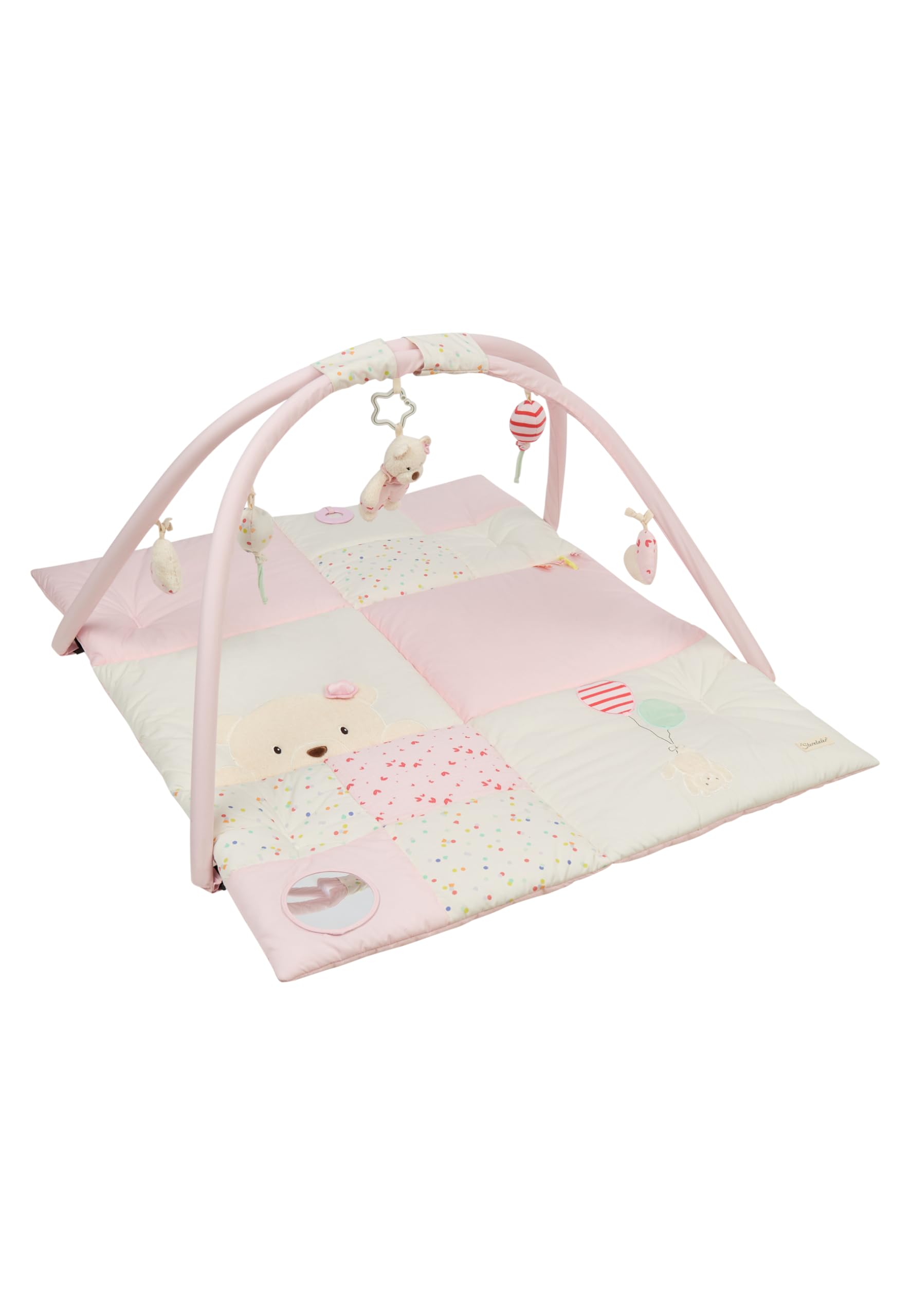 Sterntaler Spielbogen Bär Betty, Spielbogen mit Patchwork-Design, Stickmotive, Beißring, Spiegel, Rassel, Quietsche und Knisterpapier, abnehmbarer Bogen und Spielteile, wattiert, 100×80×3 cm, rosa