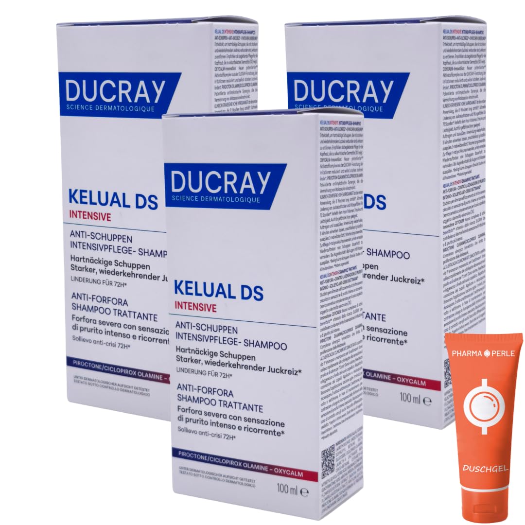 Kelual DS Intensive Anti-Schuppen Intensivpflege-Shampoo 100 ml | für schuppenanfällige & fettige Kopfhaut | bei Juckreiz & Schuppen | auch für gefärbtes Haar | mit Pharma Perle Duschgel (3x)