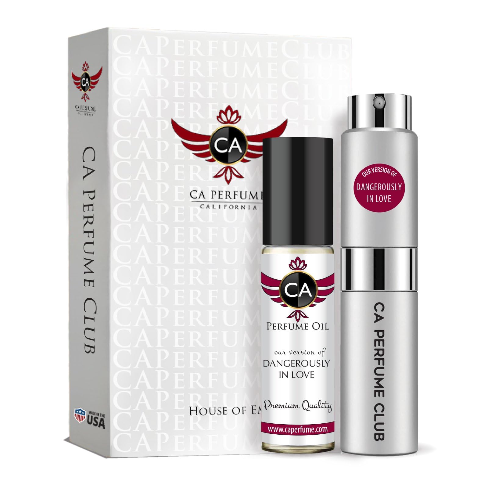 CA Perfume Duo Impression of Dangerously In Love Women & Men Sprayer + Body Oil Roll-On Bottles 0.27 Fl Oz+0.33 Fl Oz