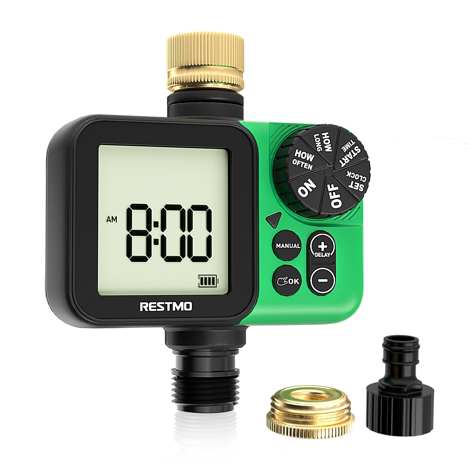 RESTMO Oversized LCD Water Timer for Outdoor Hose Faucet, Up to 11h59m Programmable Sprinkler Timer for Soaker Hose, Filling, Misting with Brass Inlet, Rain Delay/Manual/Automatic Irrigation System