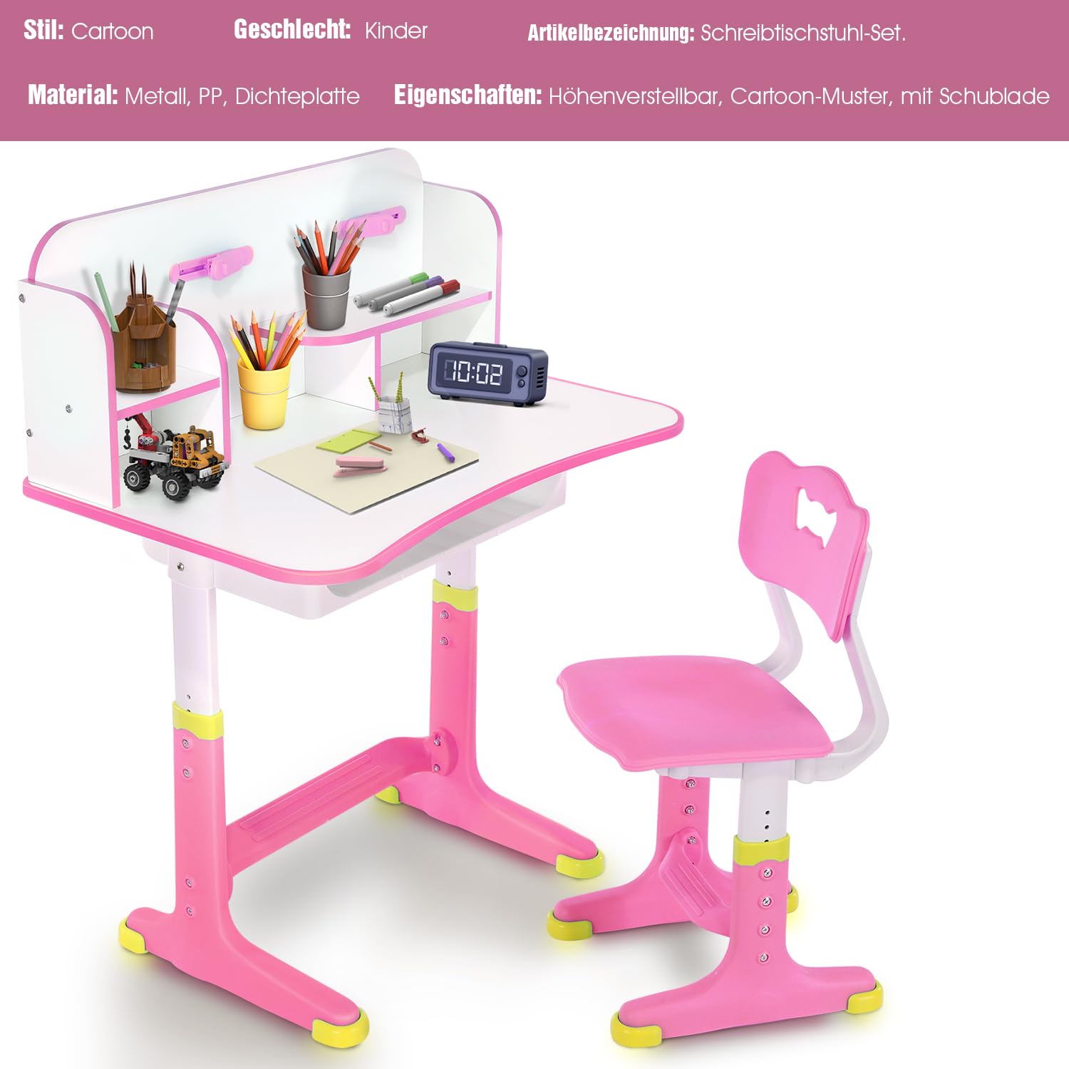 Kinderschreibtisch Set, höhenverstellbarer Kindertisch und Stuhl mit Schublade & Bücherständer, Kinder Schreibtisch für Jungs & Mädchen (Normales-Rosa)