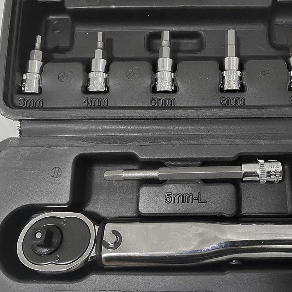 EasyByMall Set di chiavi dinamometriche a scatto da 1/4", 5 – 25 Nm, con 9 prese e asta di prolunga, per riparazione auto e bici, 11 pezzi