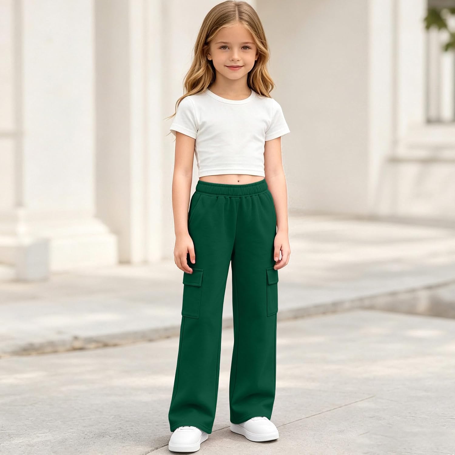 Girls Wide Leg Cargo Fleece Sweatpants with Pockets