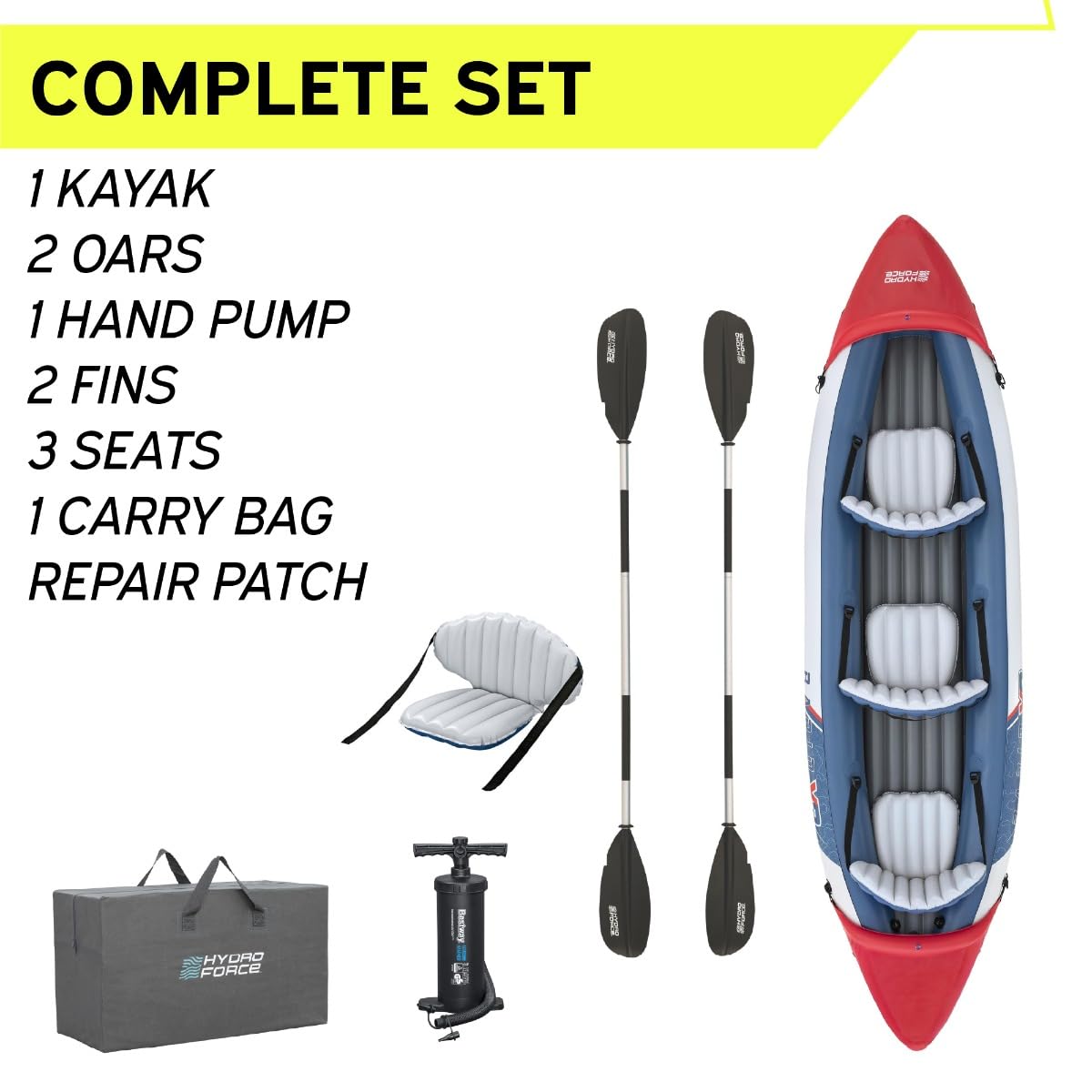 Bestway Hydro-Force 3 Person Inflatable Kayak Set with Aluminium Oars