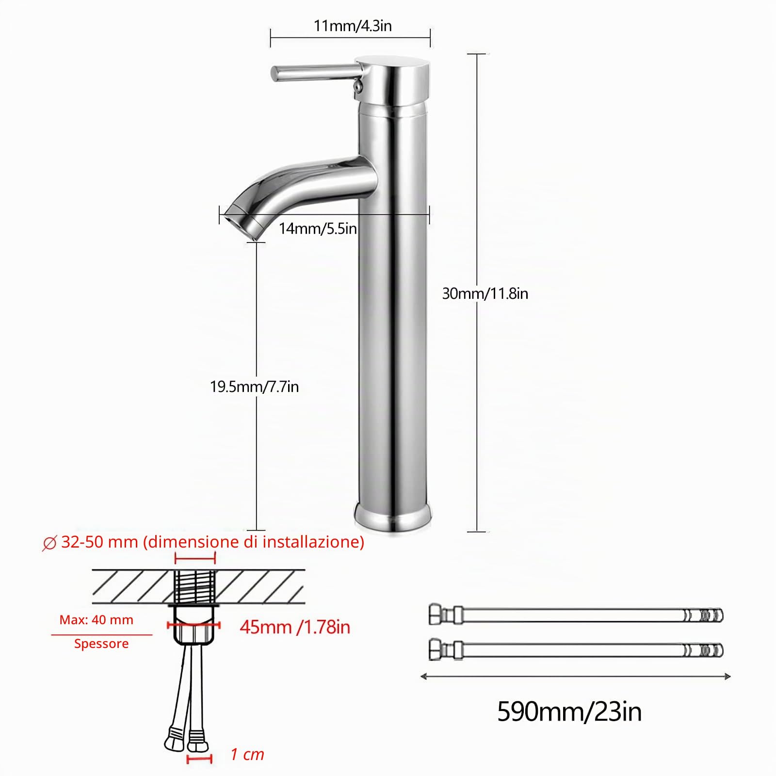 Rubinetto Bagno Lavabo, per Miscelatore Lavabo Alto e Lavandino Bagno, e Fredda e Calda Regolabile Rubinetto. Finitura Cromata Lucida, Struttura in Metallo di Alta Qualità.