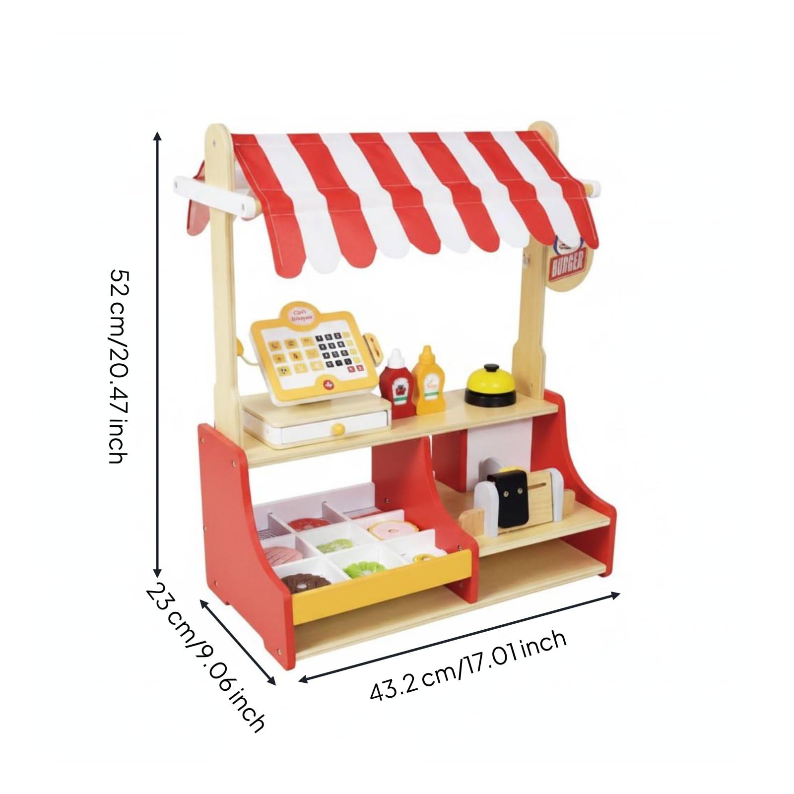 Kinder Burgerstand Holz Spielzeug Imbissstand Verkaufsstand Marktstand mit Gestreiftem Dach Kassenfach Und Saucenteilen Fördert Teilen Sprache Und