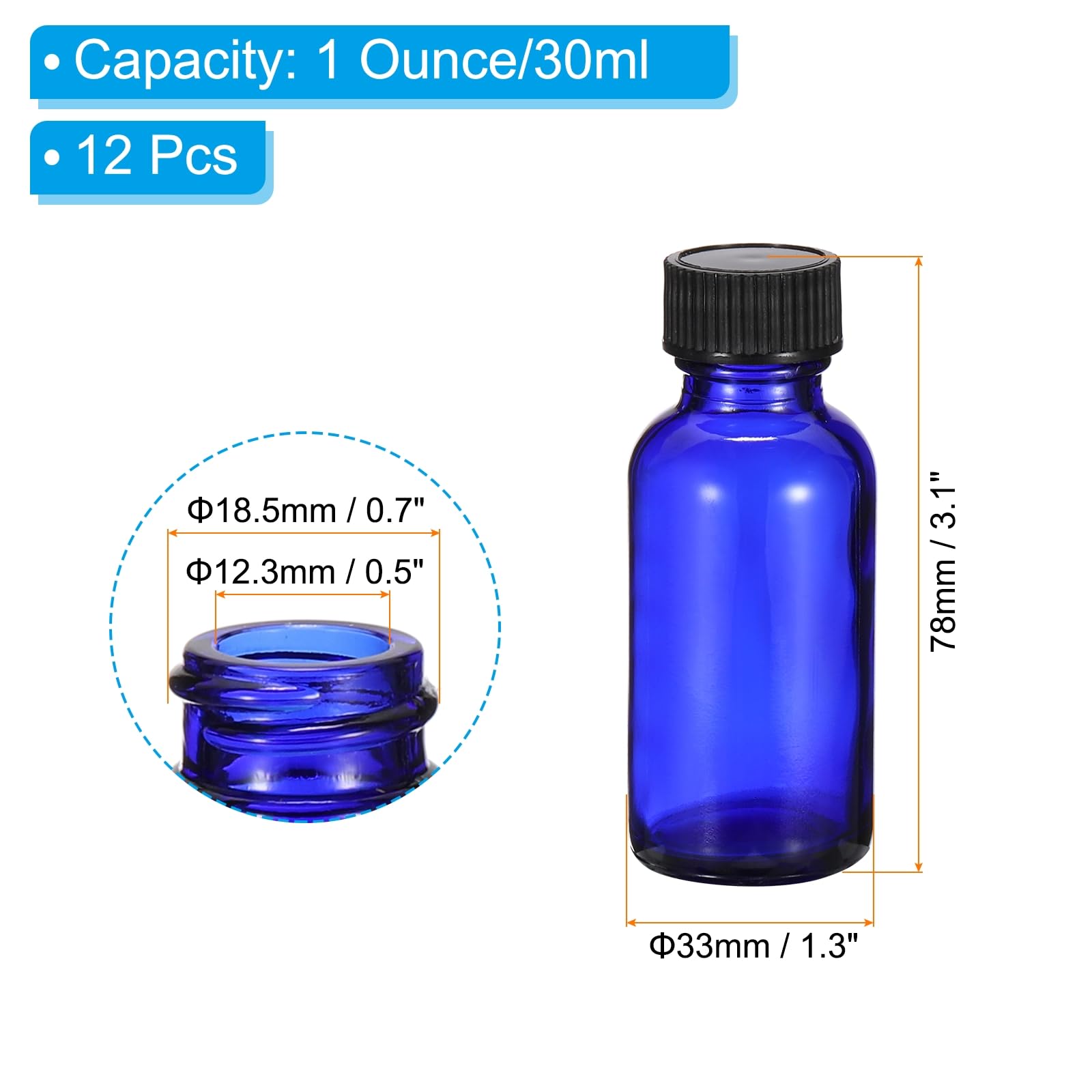 PATIKIL 1oz(30ml) Flaconi Vetro Modello, 12Pezzi Flaconi Rotondi con Tappo Nero a Cono Polimerico per Liquidi Reagenti, Oli Essenziali, Profumo, Blu