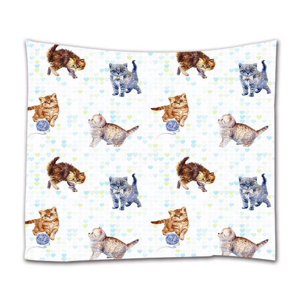 A.Monamour Kittens Cats Playing Yarn Ball Pattern Watercolor Picture Heart Backgrounds Art Print Fabric Wall Hanging Tapestry Wall Decors For Bedroom Living Room 180X230Cm/71 X90