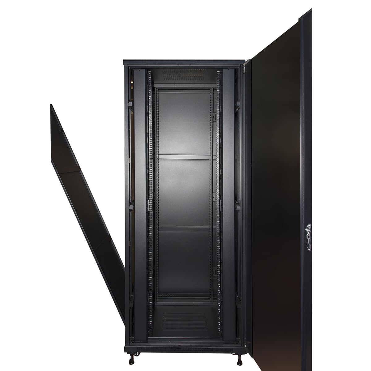 ARMADIO RACK 19" 42U (A)2055, (L)800, (P)800 COLORE NERO PORTA VETRO DISASSEMBLATO CON GUIDACAVI LATERALE