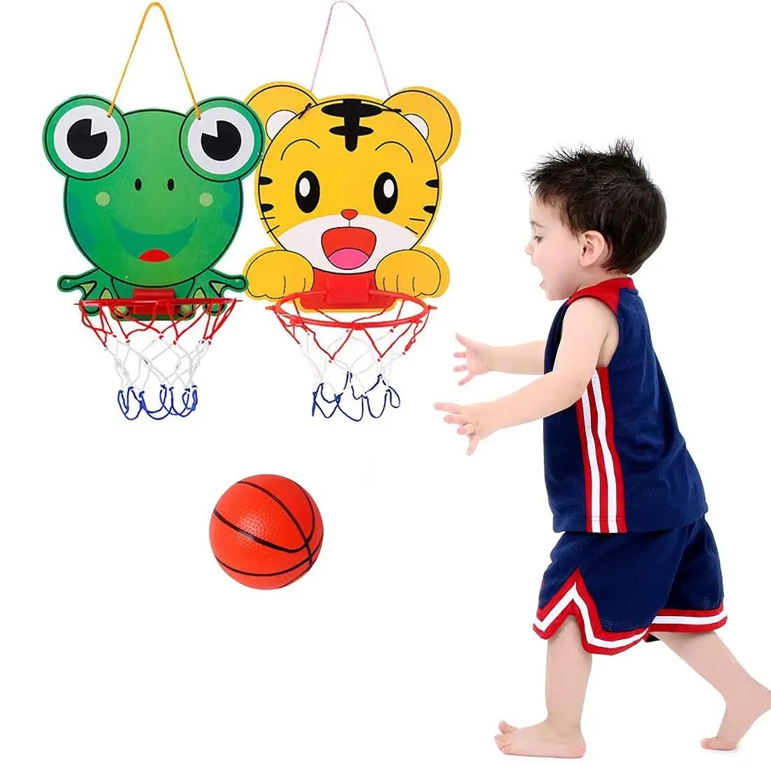 SYOSI 2 Pcs Hanging Basketball Hoop Set for Kids, Indoor Mini Basketball Hoop Set for Door & Wall with Complete Accessorieswith Net, Ball, Pump (Frog + Tiger)