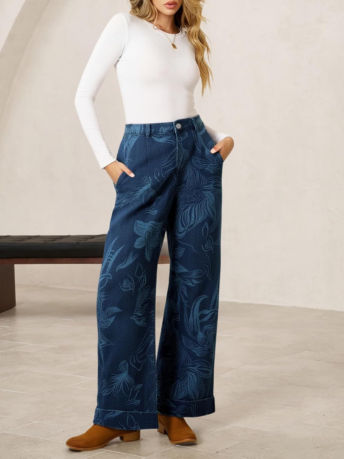 Cicy Bell Women's Floral Baggy Wide Leg Jeans Casual High Waisted Boyfriend Vintage Boho Denim Pants with Pockets - Image 5
