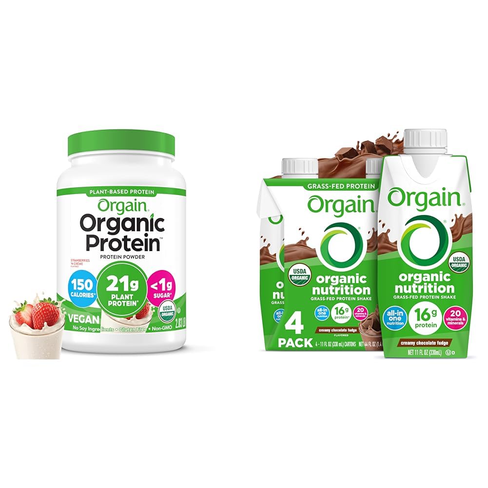 Orgain Organic Vegan Protein Powder, Strawberries & Cream - 21g Plant Based Protein, 2.03 lb Organic Nutritional Shake, Creamy Chocolate Fudge 11 Fl Oz (Pack of
