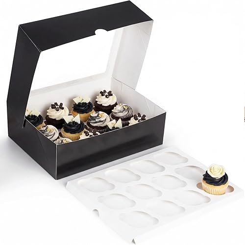 VGOODALL 12 cajas para cupcakes, 6 soportes para cupcakes de Halloween con ventana, cajas de pastelería negras para cumpleaños, vacaciones,