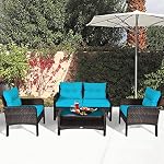 HAPPYGRILL 4-Piece Ensemble de meubles de patio extérieur en rotin avec table de café, ensemble de bistro de canapé sectionnel avec coussins pour jardin