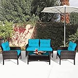HAPPYGRILL 4-Piece Patio Furniture Set Outdoor Rattan Wicker Conversation Set with Coffee Table, Sectional Sofa Bistro Set with Cushions for Garden Poolside Backyard