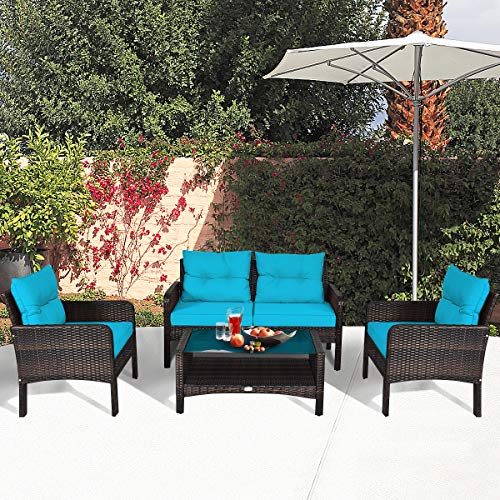 HAPPYGRILL 4-Piece Patio Furniture Set Outdoor Rattan Wicker Conversation Set with Coffee Table, Sectional Sofa Bistro Set with Cushions for Garden Poolside Backyard