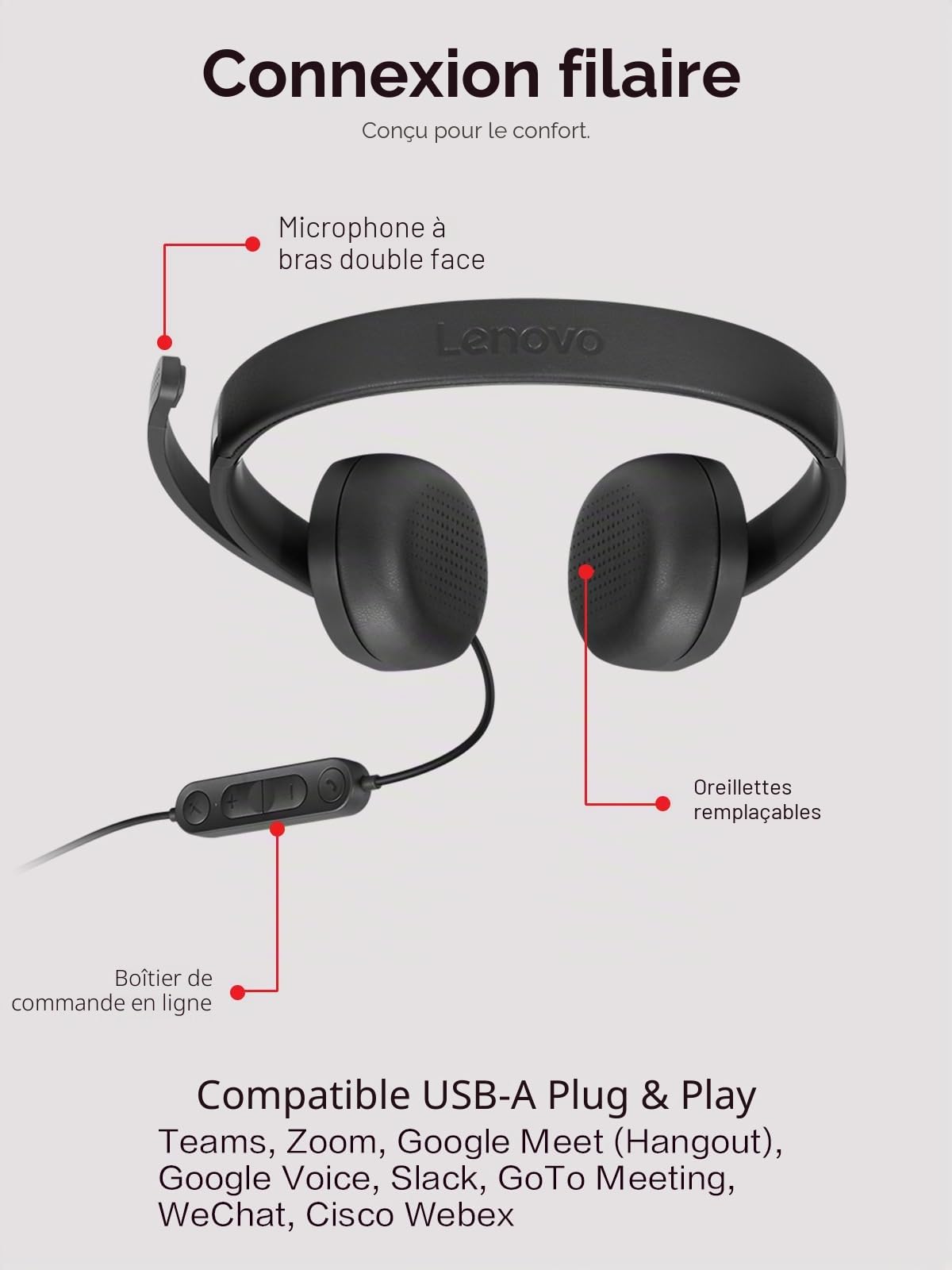 Lenovo Casque stéréo Filaire USB-A Gen 2