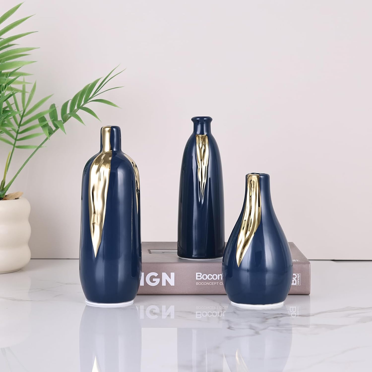 Blue and Gold Mini Ceramic Vase Set of 3, Small Ceramic Vase Set for Decorative, Bud Vases for Centerpieces Nightstand Kitchen, Boho Farmhouse Home Coffee Table Tray Decor