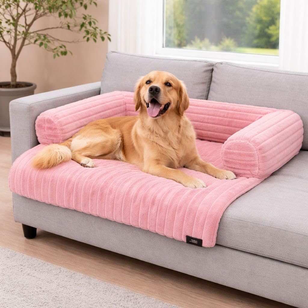 Soodie&Zuzu's Sofa Pet Bed Cord, Waterproof Dog Bed with Raised Sides, Non-Slip Base, Soft Ribbed Plush Pet Cushion for Dogs & Cats - Pink, 90 x 90 x 15 cm