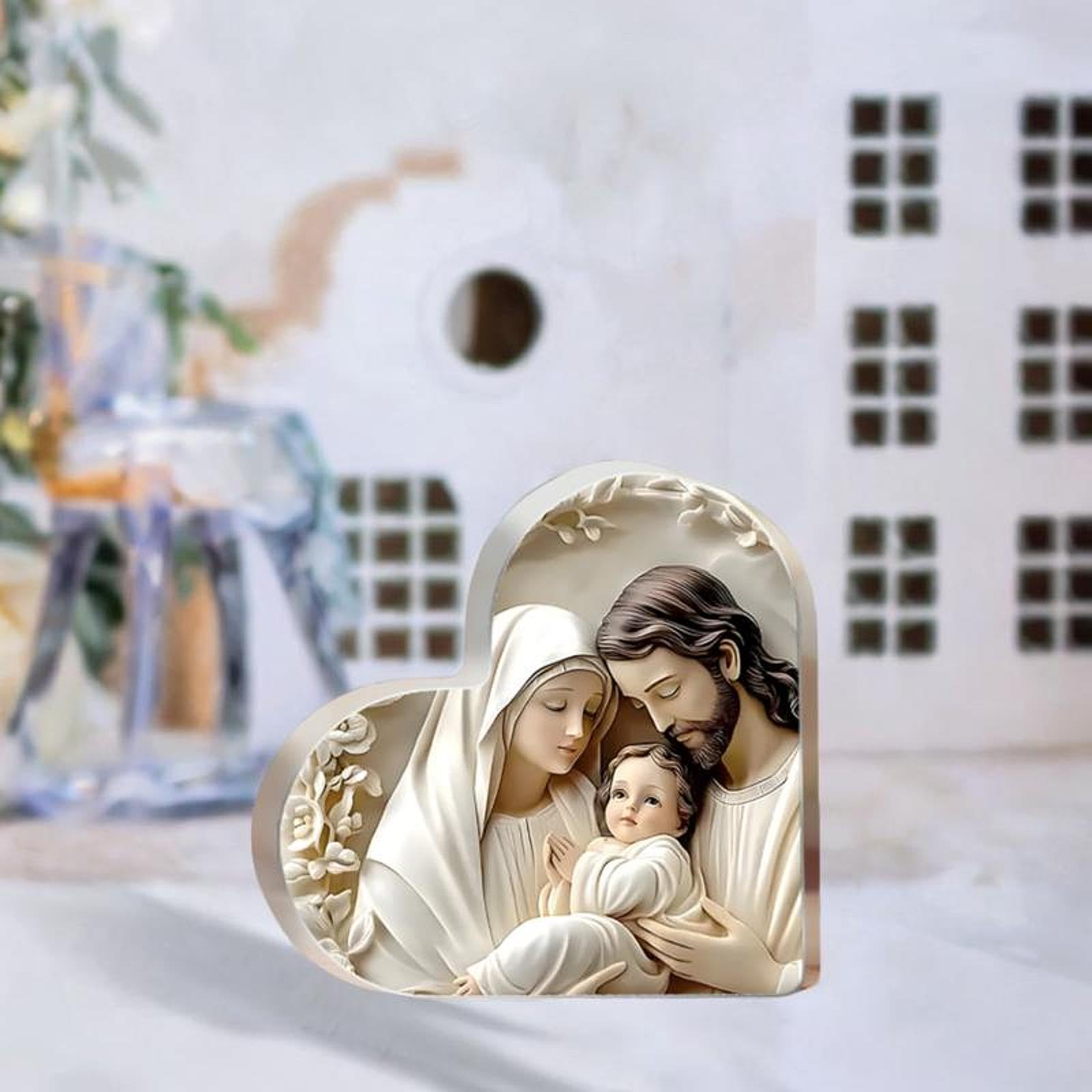 Menolana Holy Family Decoration Nativity Scene Ornament Decorative Heart Shaped Home Decor Acrylic Artwork for Cabinet, Table