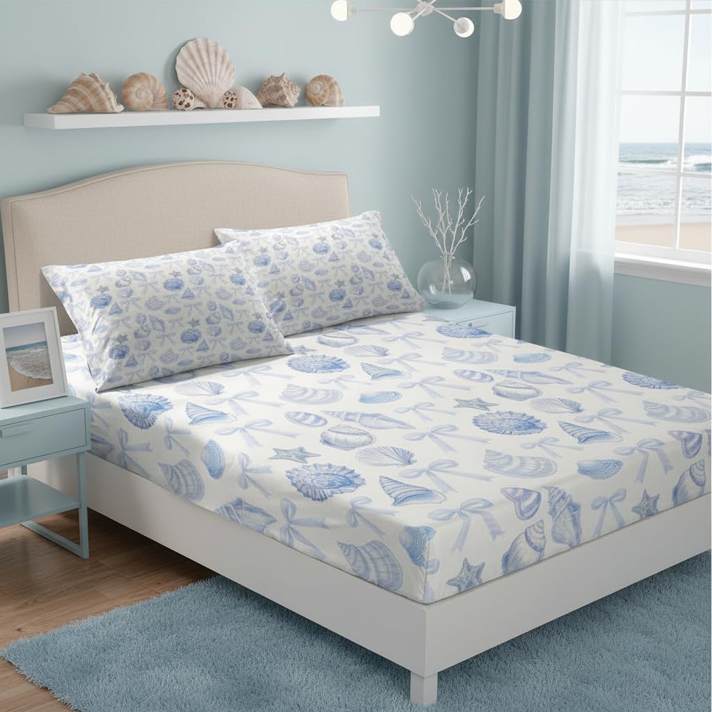 Coastal Fitted Sheet Queen Size Summer Beach Shell Conch Graffiti Bedding Sheet Set,Hawaii Seaside Blue Bowknot Princess Bow Girly Bed Cover Bedding 3 Pcs(No Flat Sheet)