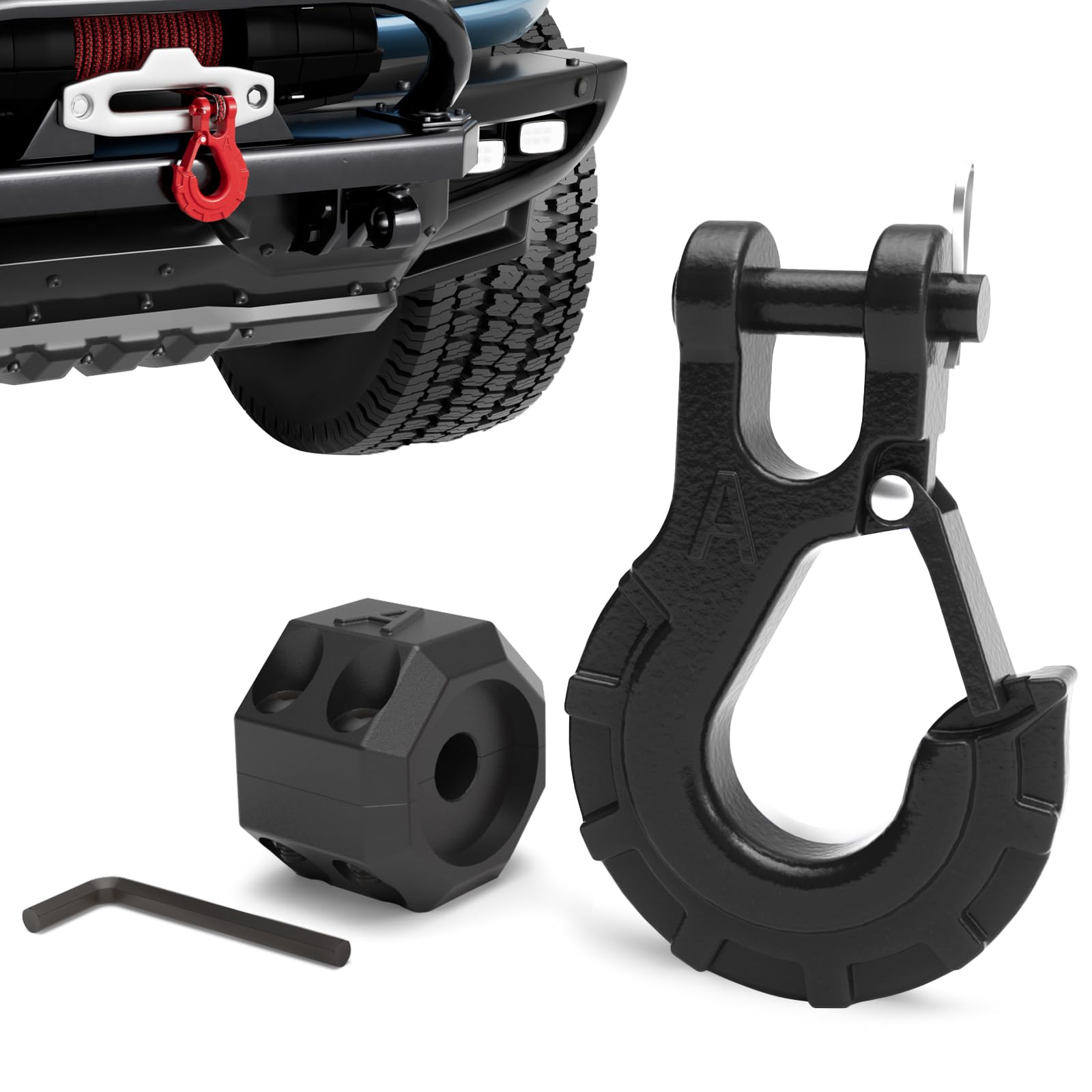 3/8" Winch Hook & Winch Cable Hook Stopper Sets, Heavy Duty Grade 70 Forged Steel Recovery Hook with Safety Latch, Included Allen Wrench,Max 37,478 Lbs, Black