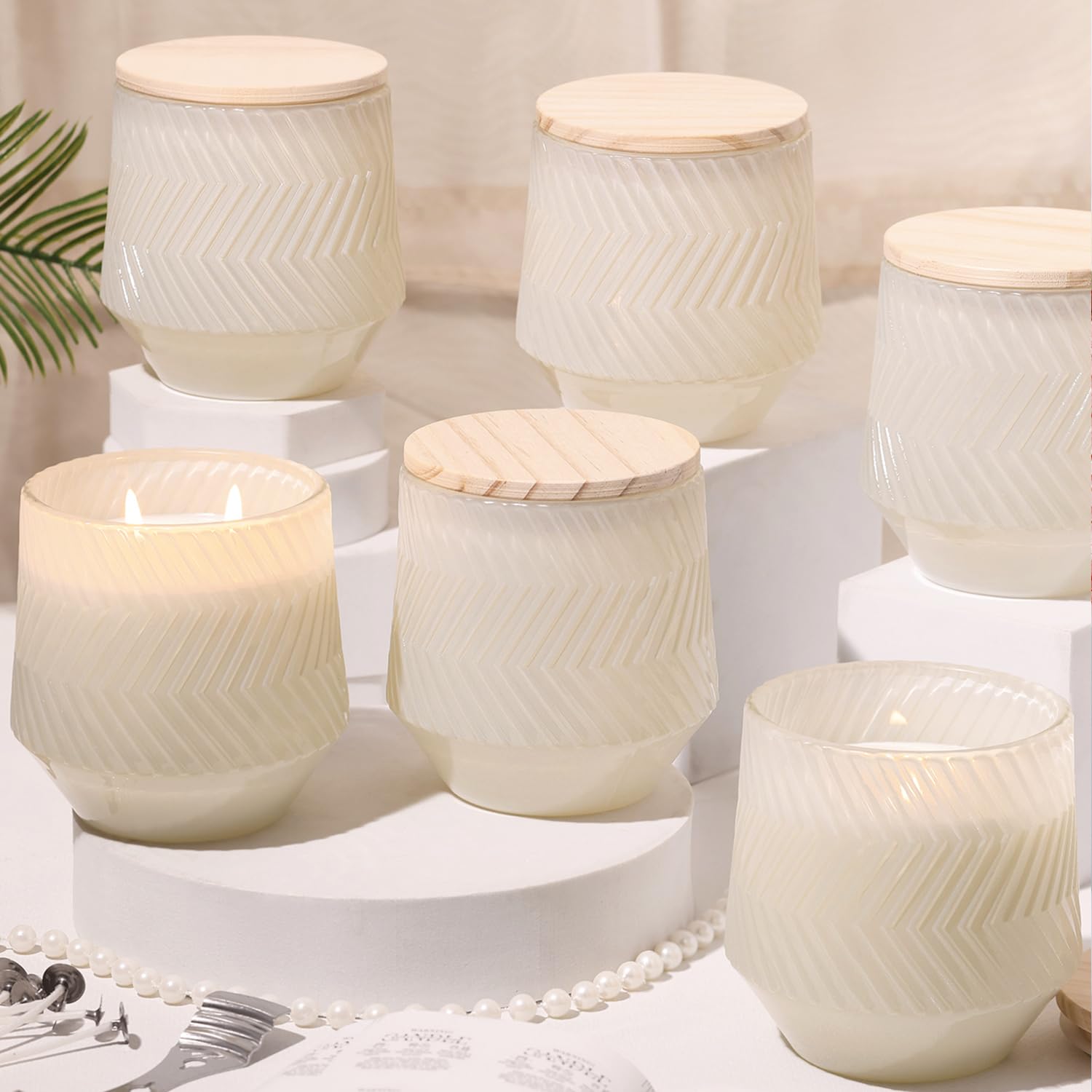 6 Pcs 13.5 OZ Creamy Large Candle Jars for Making Candles, Ribbed Unique Candle Jars, Glass Jars with Wooden Lids and Labels for Candle Making