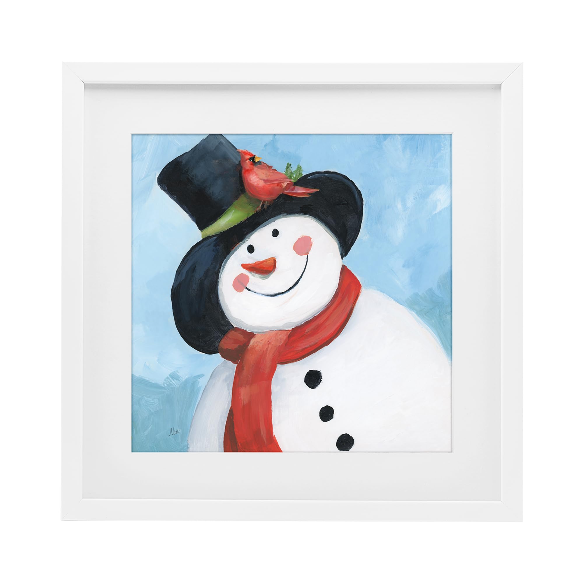 'Cheerful Snowman with Cardinal'| Framed Print Under Glass