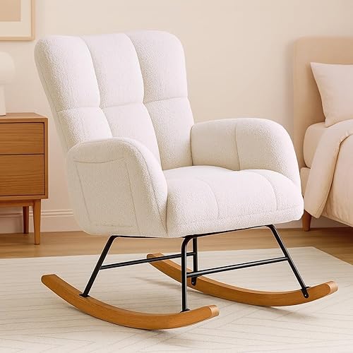 Miniatura 6 de COMHOMA Mecedora para guardería, mecedora tapizada de peluche con bolsillos laterales, silla decorativa con respaldo alto, silla de lectura