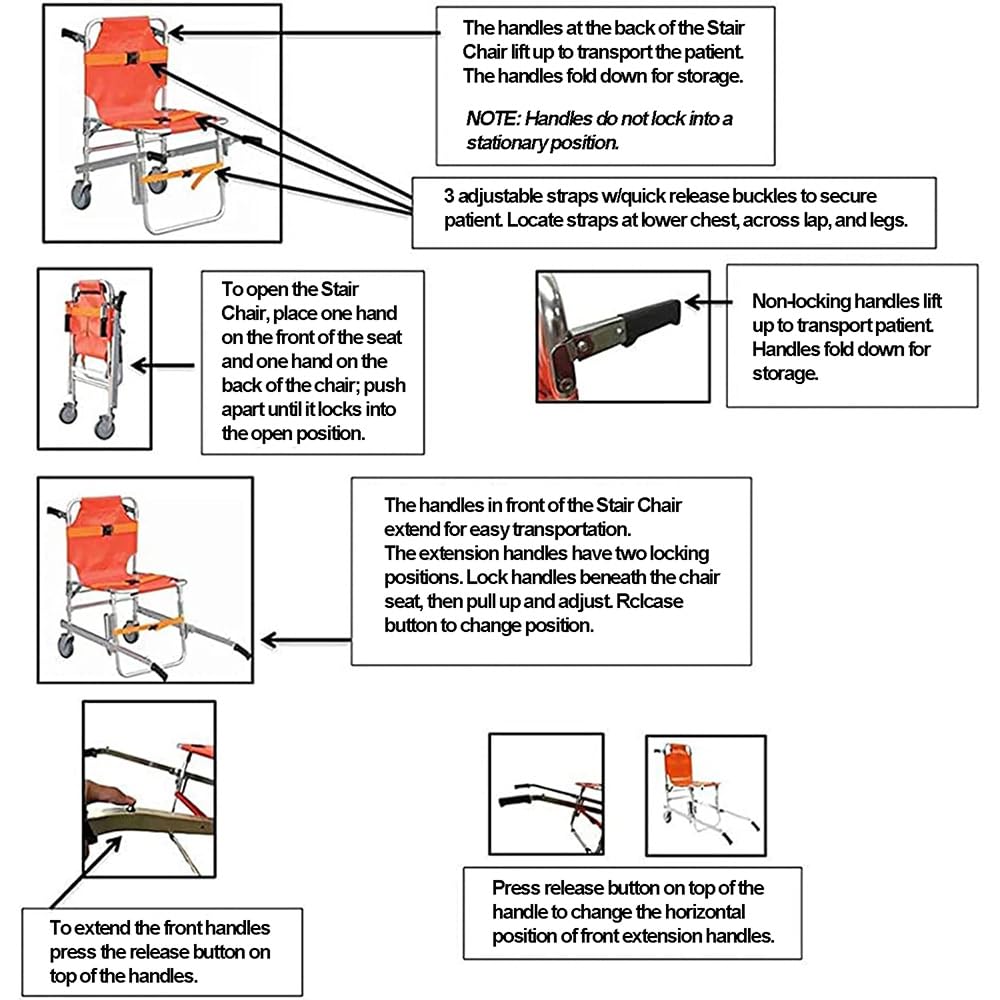 DadYa Chaise d'escalier en alliage d'aluminium – Légère et pliable pour ambulance, pompier, escalier médical avec boucles à dégagement rapide (orange)