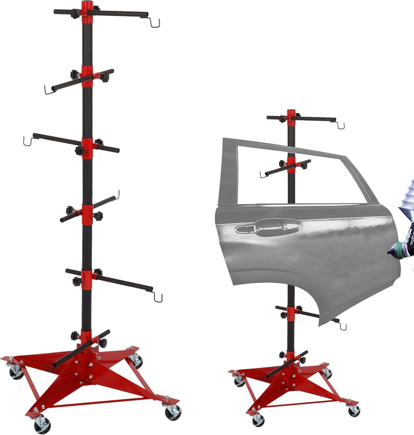 47 Inch Panel Tree Paint Stand with 6 Hooks,Red | Auto Body Paint Stand, Adjustable Center Post, 4 Casters, Hang Automotive Doors, Fenders, Bumpers