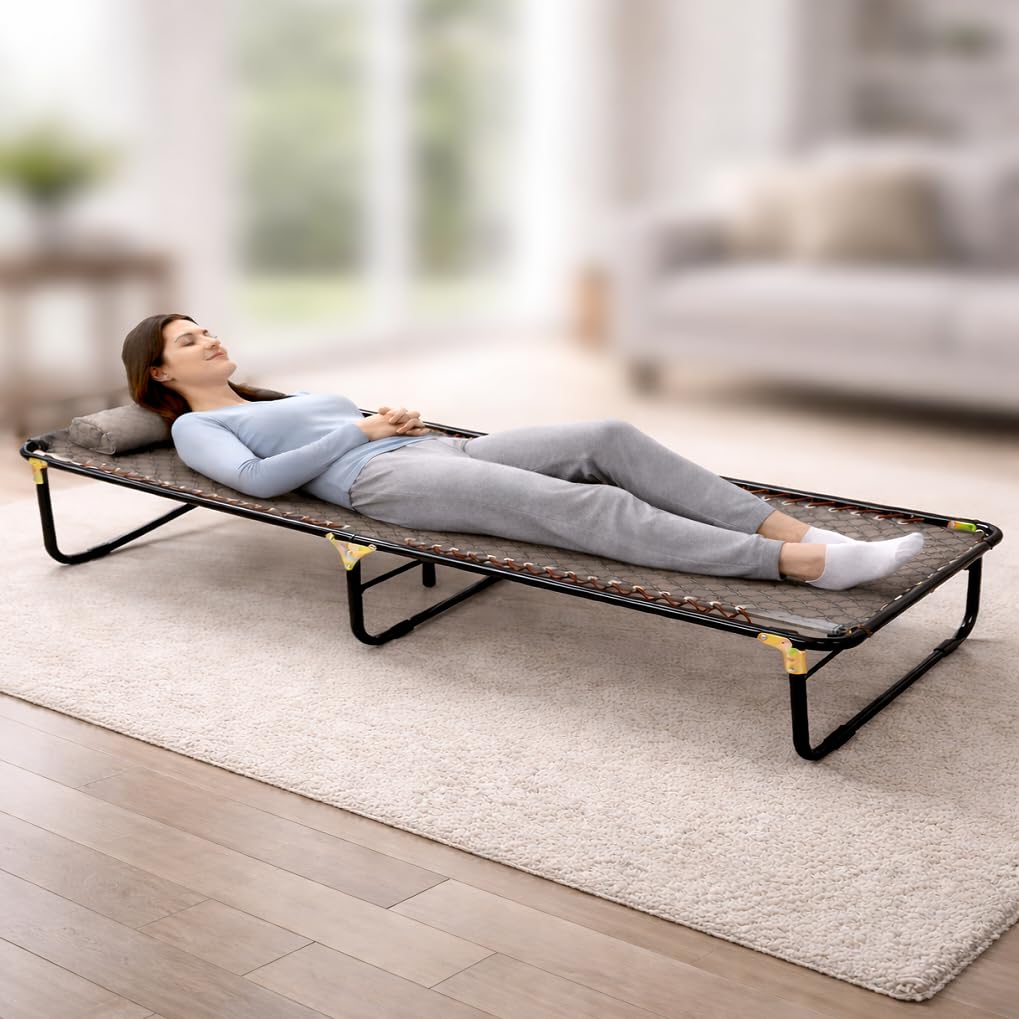 Portable Folding Camping Cot Bed for Adults with Pillow | Heavy Duty Metal Frame | Compact Foldable Guest Bed for Indoor Outdoor Use (179×58×30 cm)-image-22